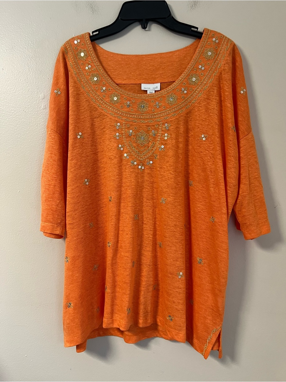 J Jill Love Linen Knit Top Women’s M Orange Sequin Embroidered Shirt Oversized